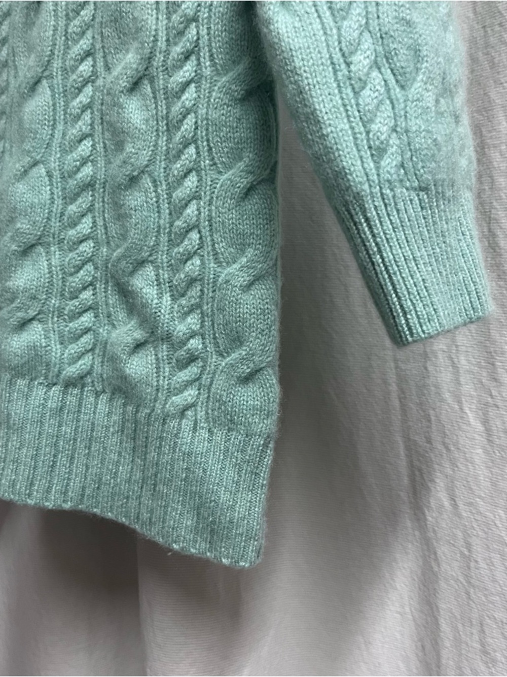 J. Crew Black Label 100% Cashmere 3/4 Sleeve Teal Sweater Medium Cable Knit - Picture 4 of 6